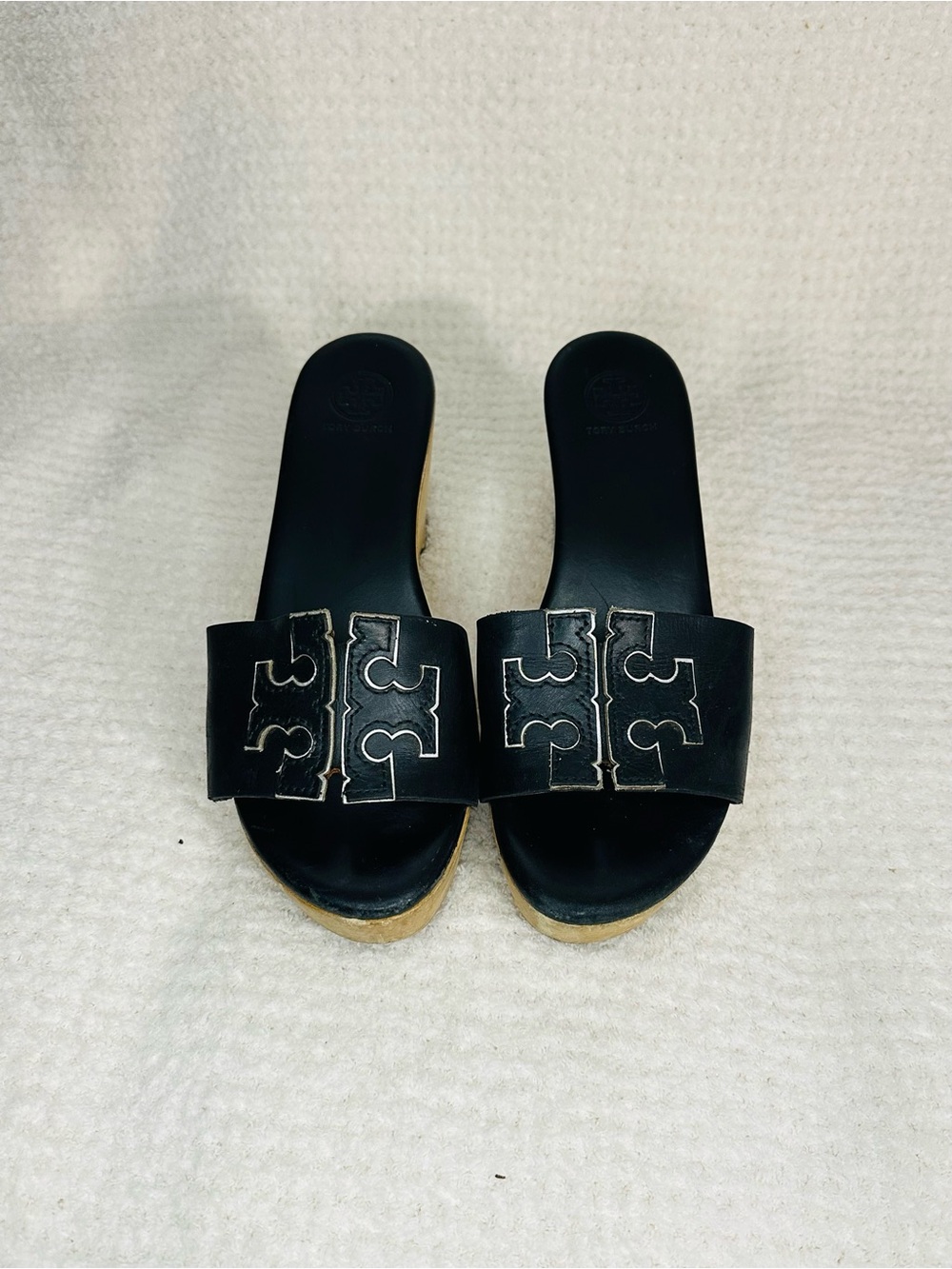 Tory Burch Black Leather Slide Wedge Mules with Logo Strap